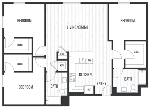 Floor plan 3B. Three bedroom, two bath at Sixth & Jackson Apartments in Japantown, San Jose.